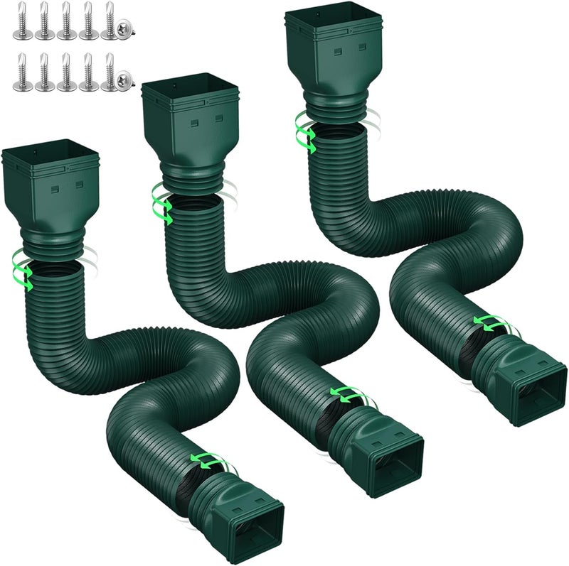 Ogutter Rain Gutter Downspout Extensions, Downspout Extender for Rainwater Drainage Flexible, Down Spout Drain Extension Pipe and Extendable from 21 to 66 Inches (3 Pack, Green) - Image 1